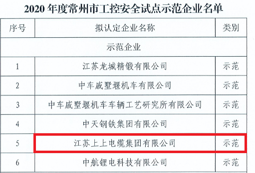 公海彩船电缆获评常州市首批“工控清静树模企业”称呼